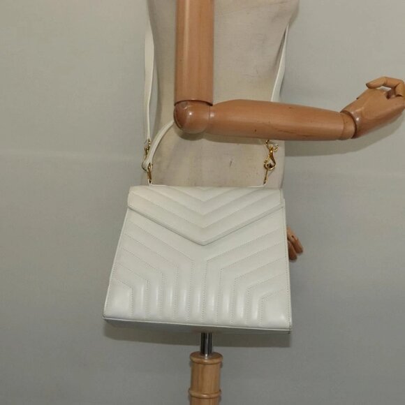 SAINT LAURENT Hand Bag Leather 2way White Gold Auth 137683 - Picture 14 of 16